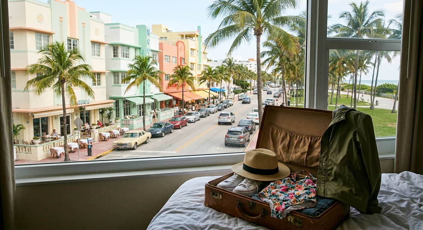 An open suitcase on a hotel bed holding a straw hat, white sneakers, a swimsuit and a folded rain jacket, with palm trees outside the window