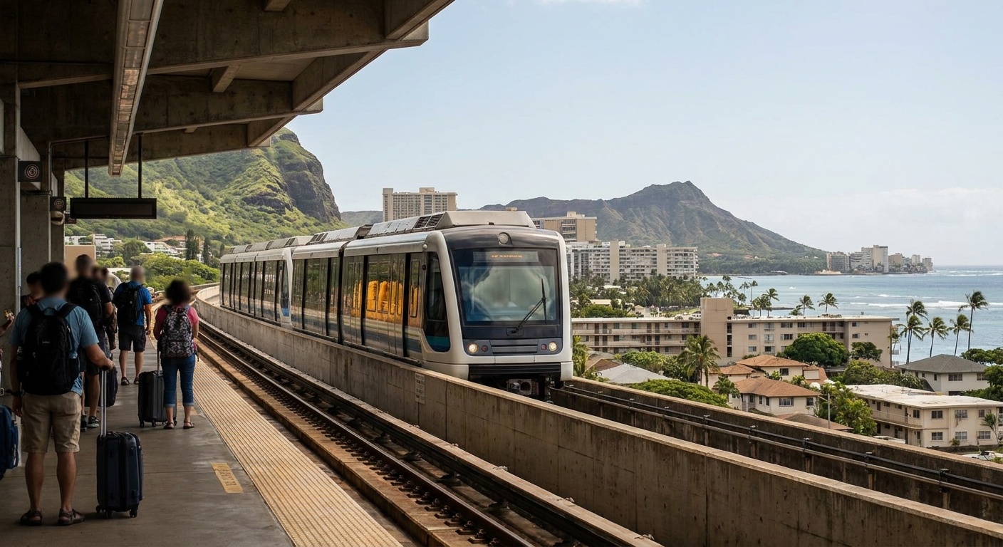 A rail train arriving at an elevated airport station platform in Honolulu