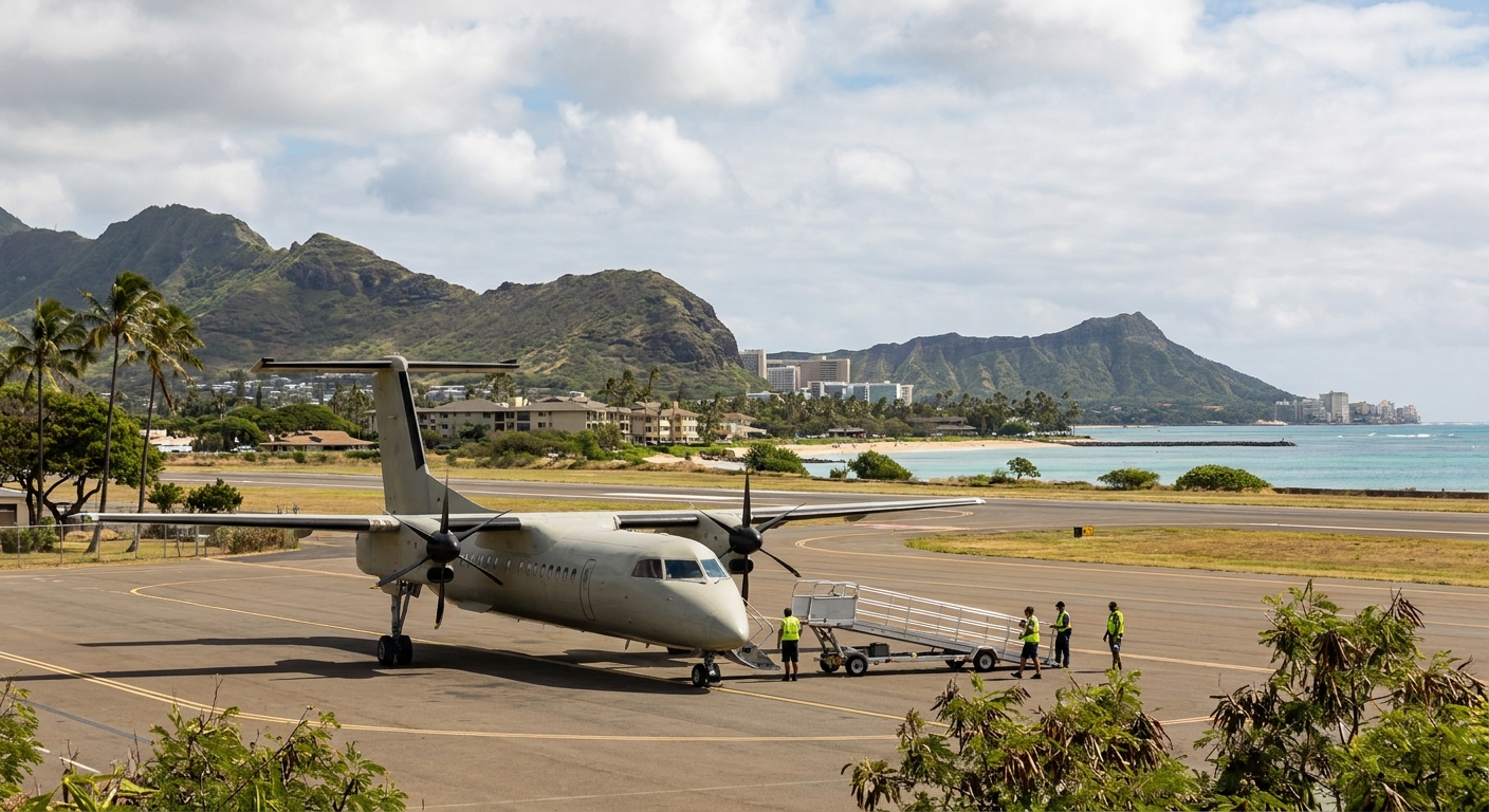 An interisland turboprop aircraft parked at a gate at a Hawaii airport