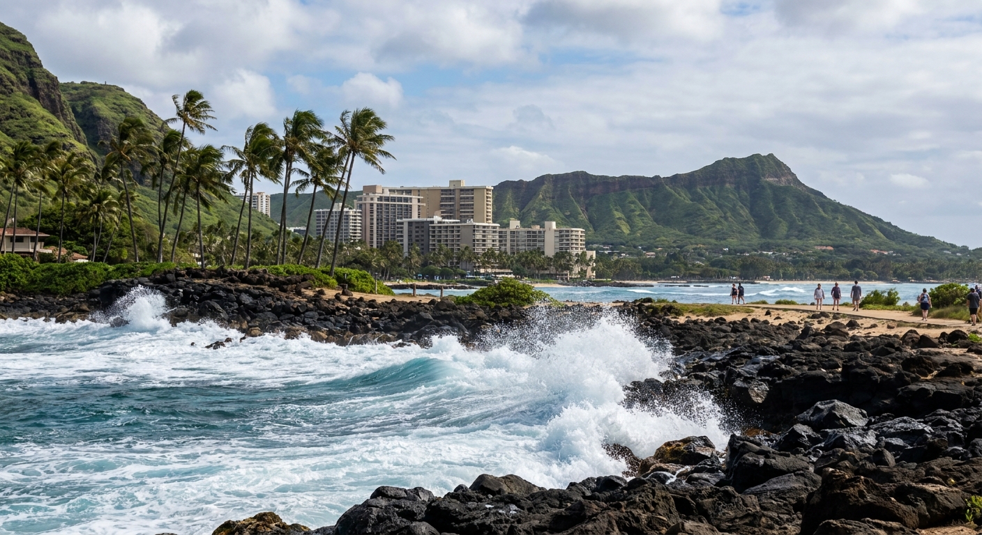 Waves breaking along a rocky Hawaiian coastline with palm trees and mountains in the background
