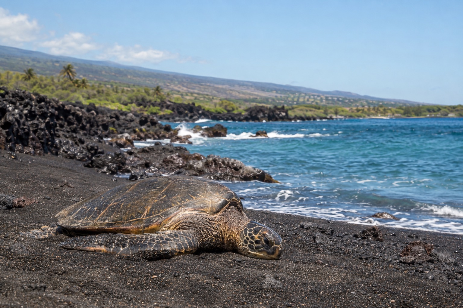 A green sea turtle resting on a black sand beach on Hawaii's Big Island