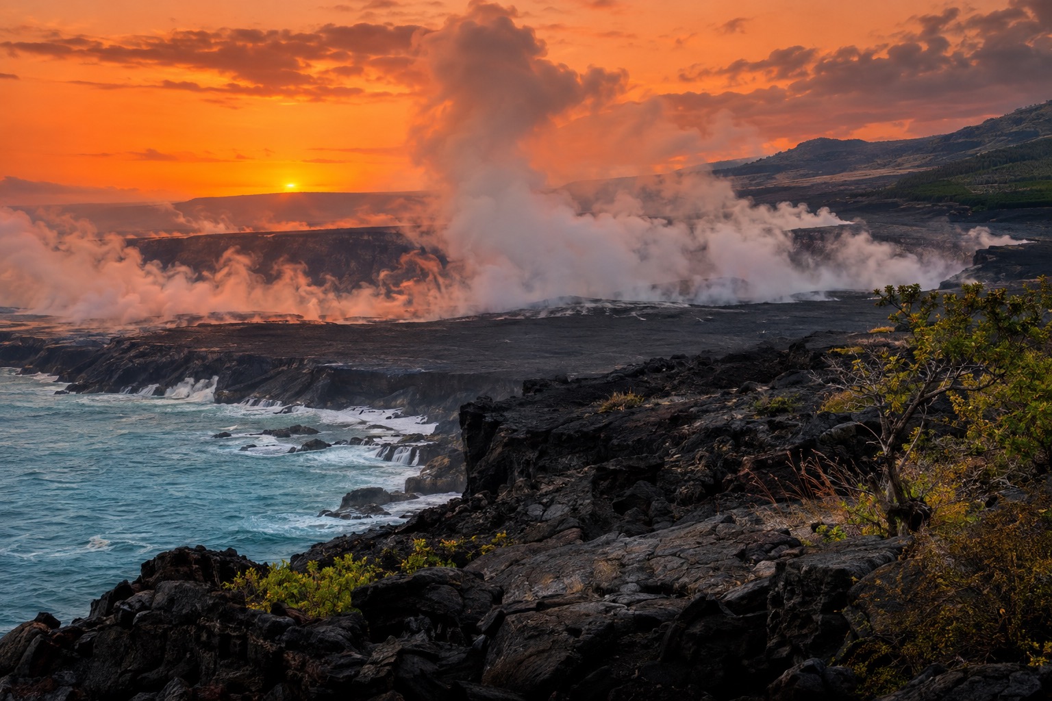Steam rising from a caldera at Hawaii Volcanoes National Park under an orange sky