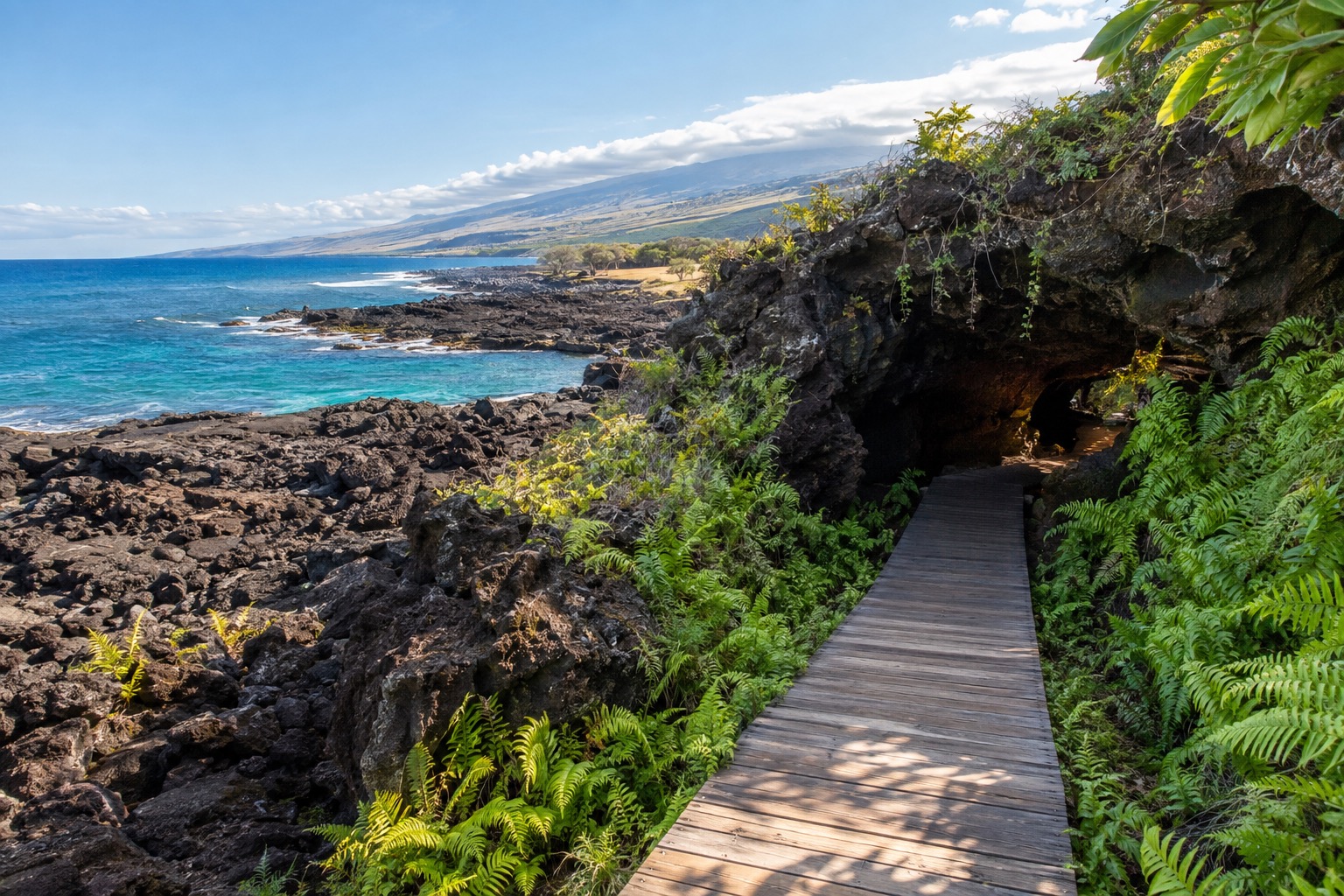 Boardwalk trail leading into the entrance of a lava tube lined with ferns