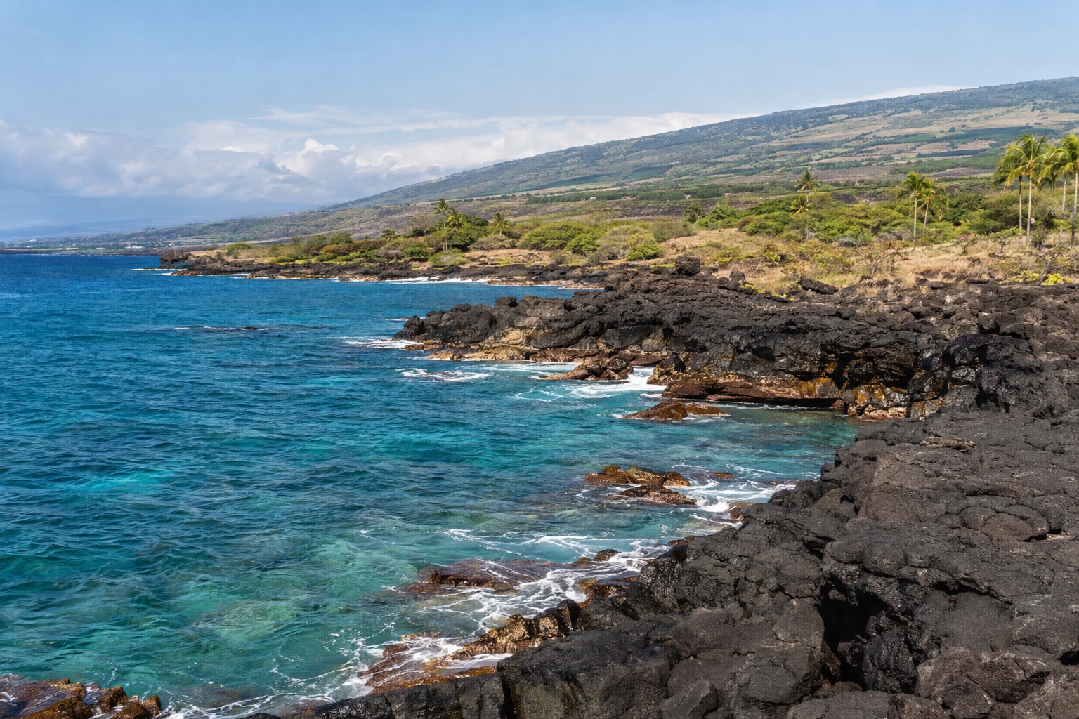 Black lava rock meeting turquoise water along the Big Island's Kona coast