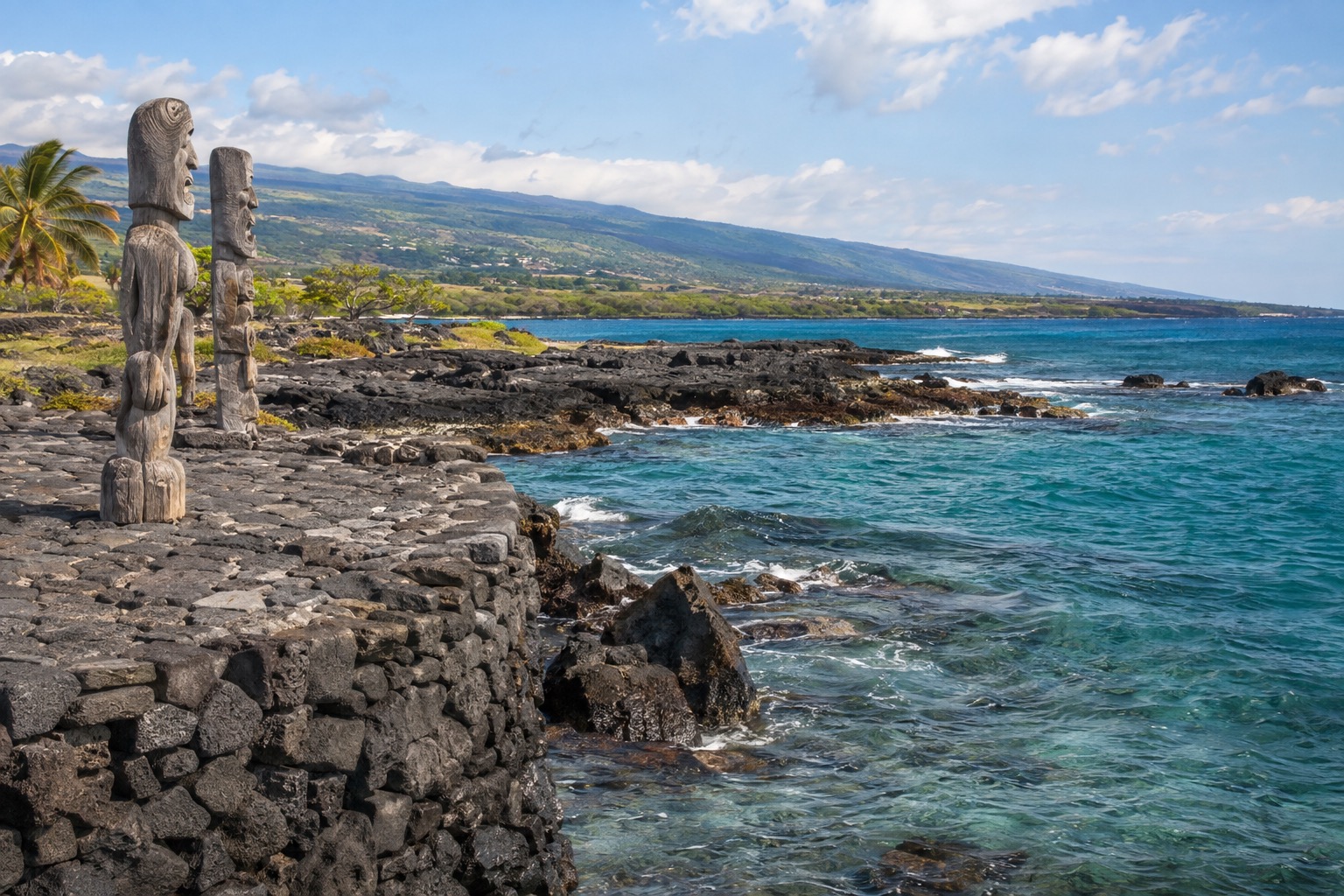 A stone temple platform on a lava coastline with the ocean beyond