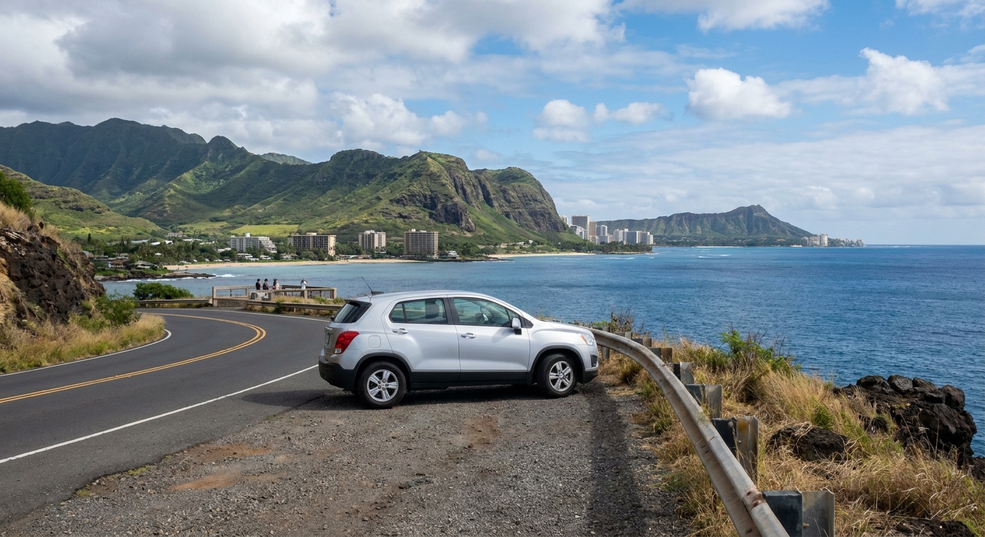 A rental car parked at a scenic overlook along a Hawaii coastal highway, ocean in the background