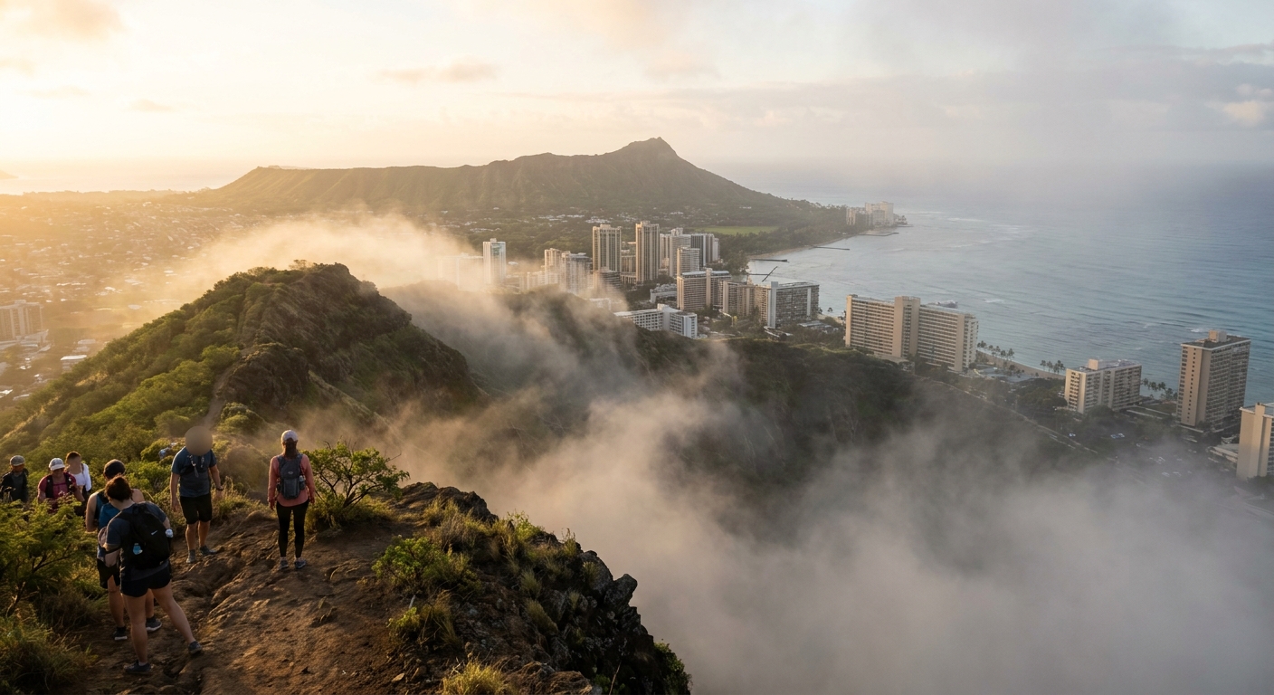 Clouds filling the crater below a volcanic summit at sunrise