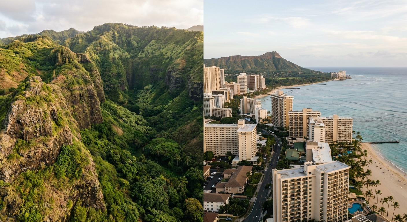 A green canyon carved into a Kauai hillside beside a Honolulu beach skyline, split composition