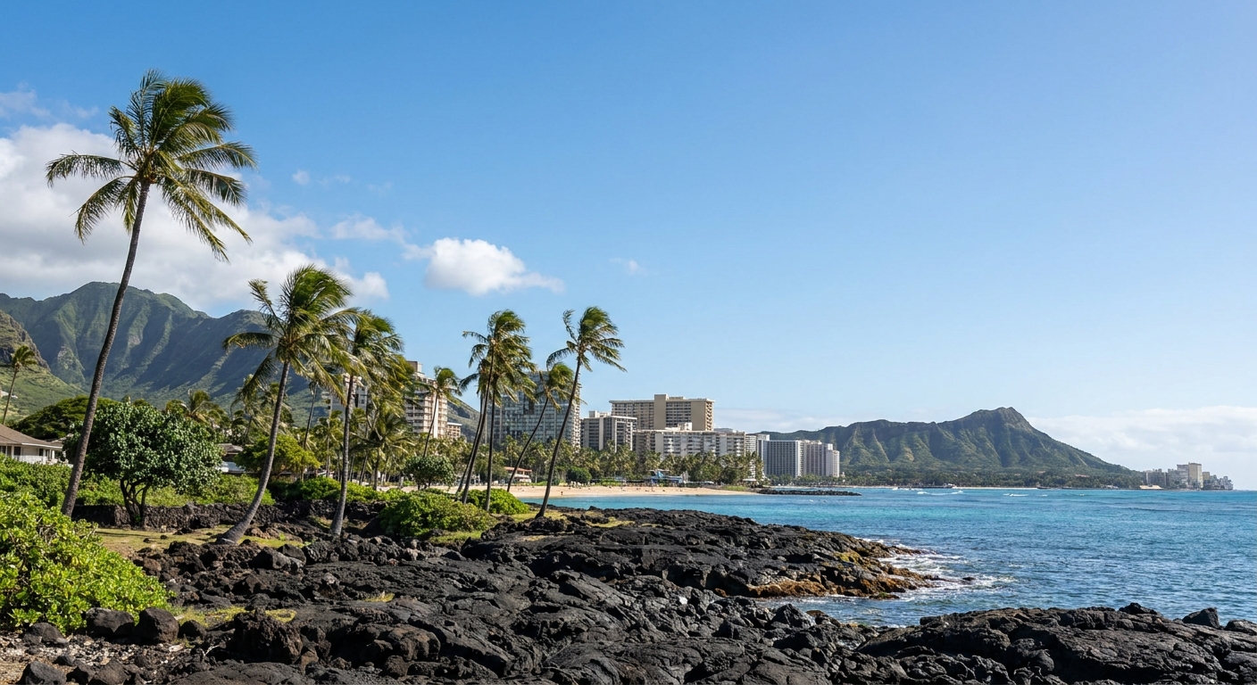 A dry black lava coastline with palm trees under blue sky near Kailua-Kona, Hawaii