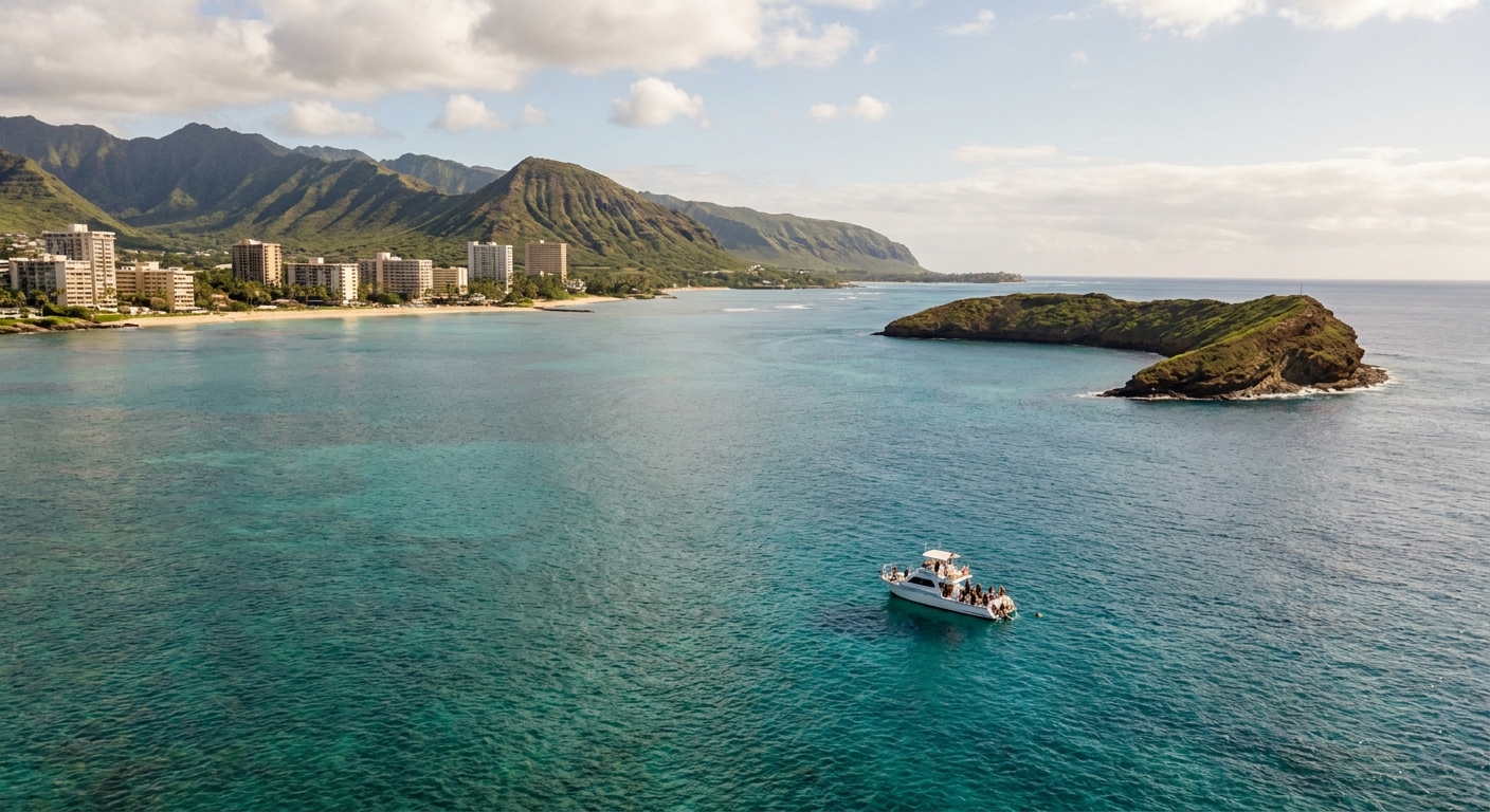 A winding two-lane coastal road curving along a green cliffside with waterfalls visible below