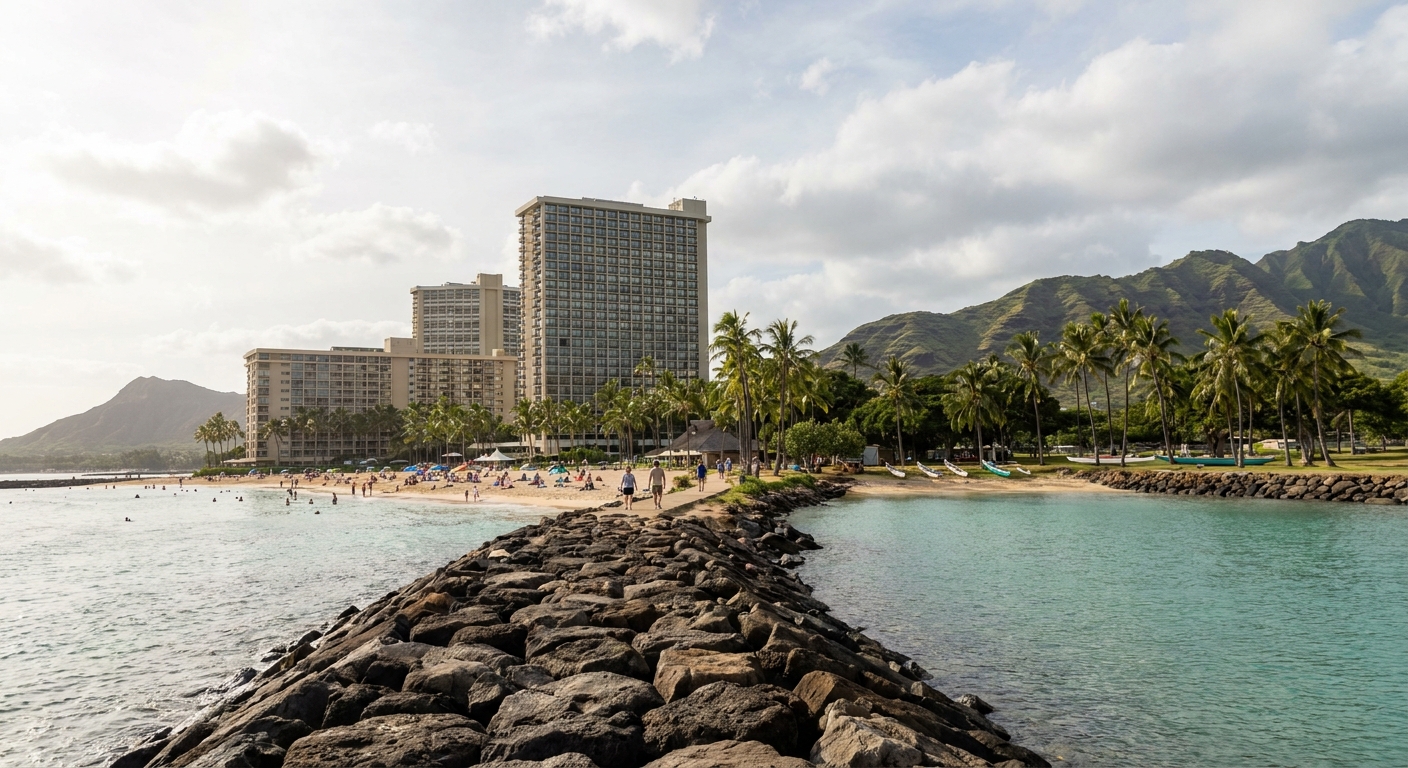 Two adjoining scenes of Oahu's south shore: high-rise hotels lining a busy beach on one side, a calm turquoise lagoon ringed by palms on the other