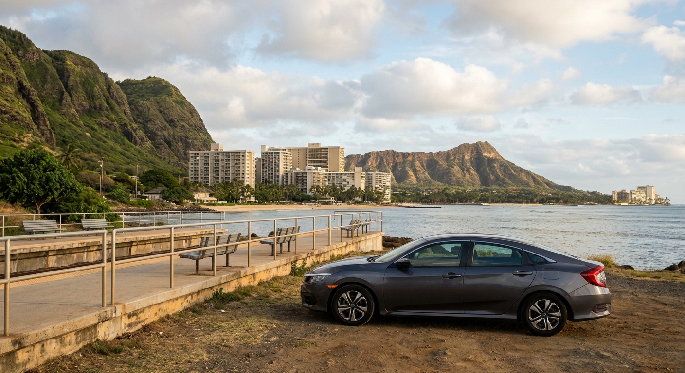 A rental car parked near Honolulu's Skyline rail platform with Diamond Head visible in the distance