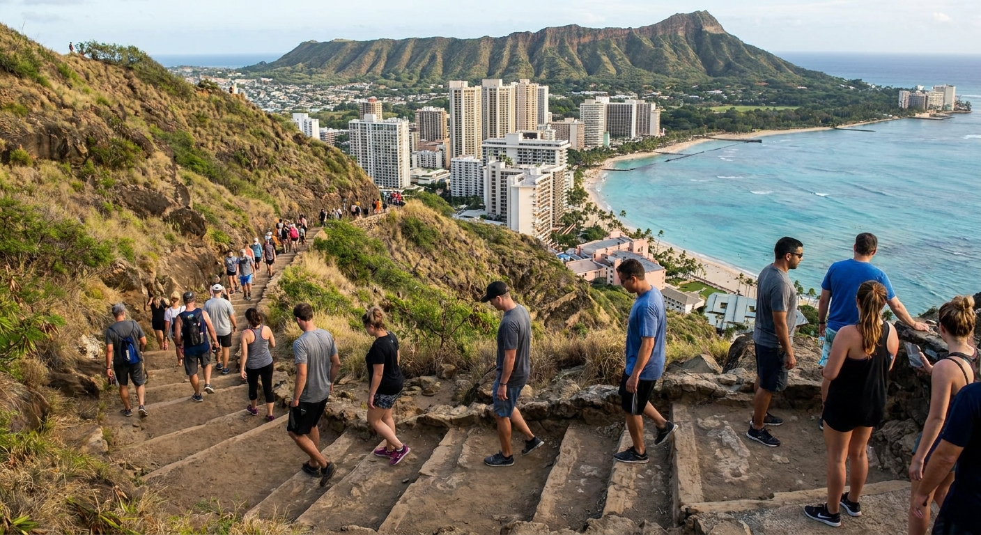 Hikers climbing a paved switchback trail toward the crater rim at Diamond Head, with Waikiki high-rises visible below