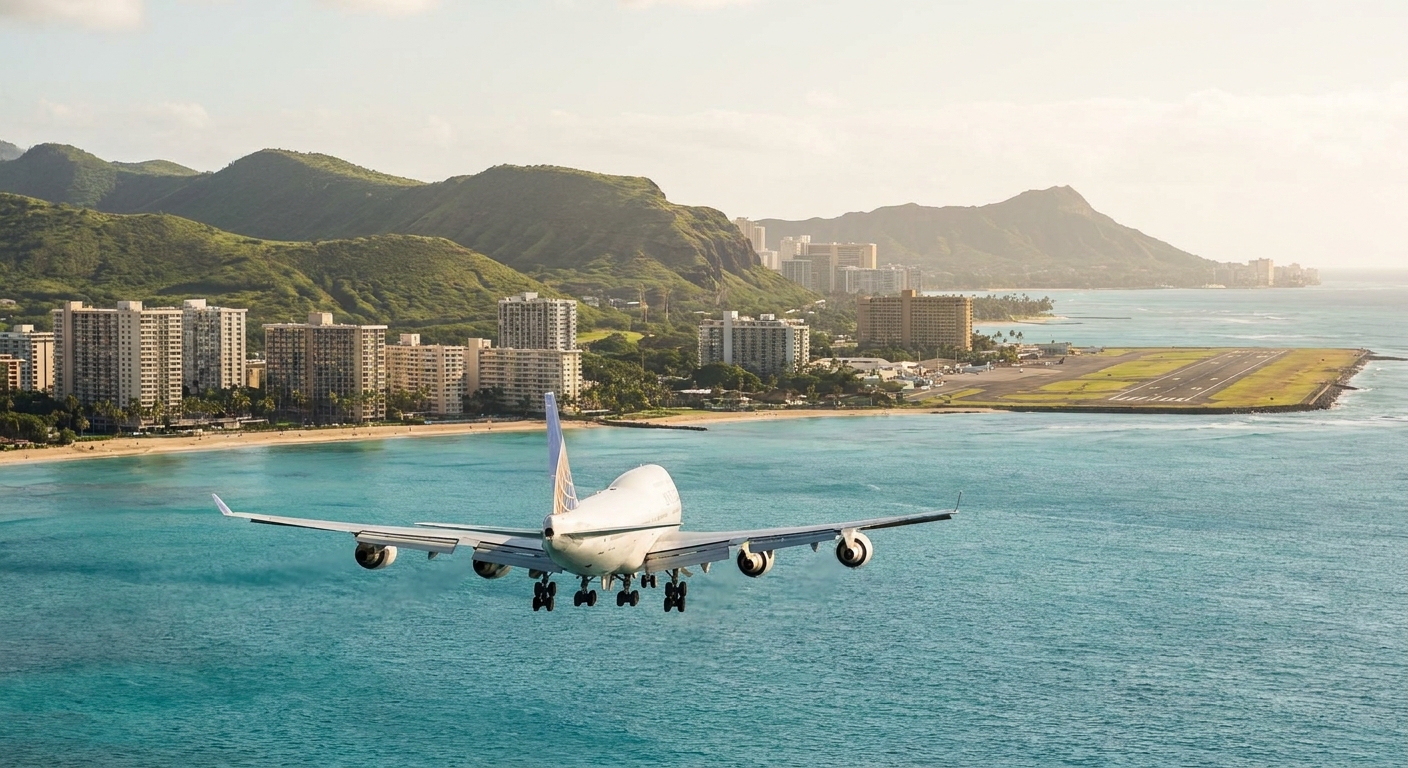 A wide-body jet on final approach over turquoise water toward a Hawaiian airport runway