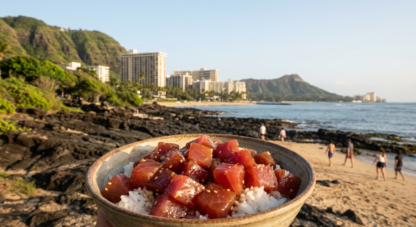 Cubes of raw ahi tuna poke seasoned with soy sauce and sesame oil, served over rice