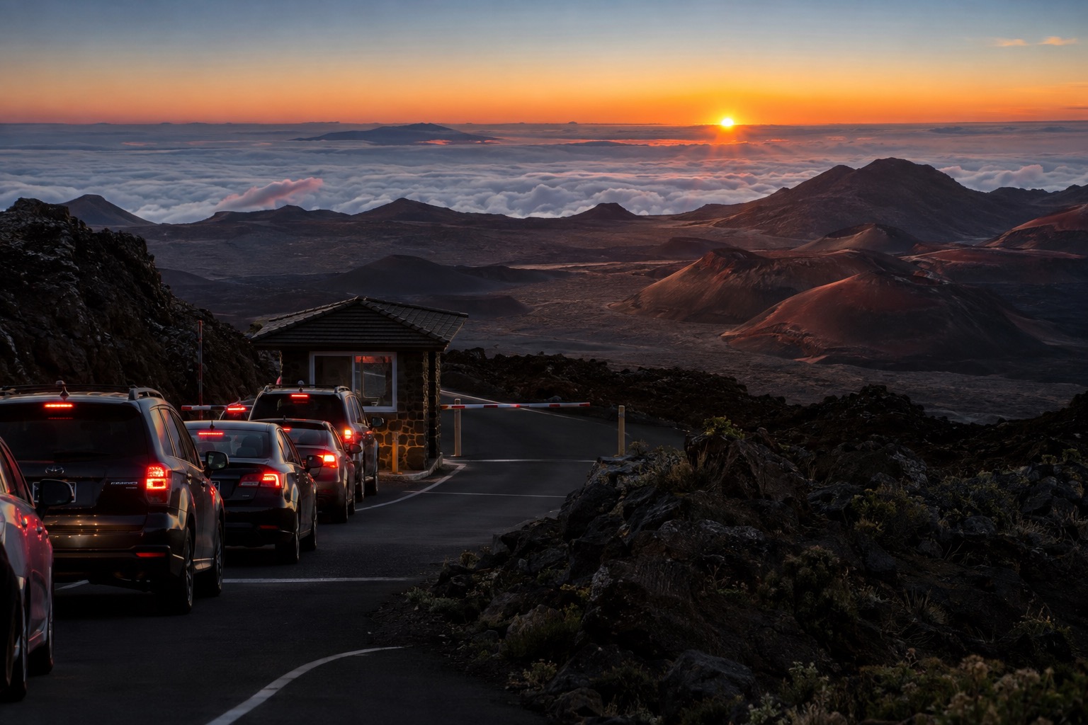Cars queued in the dark at Haleakalā's entrance gate before sunrise