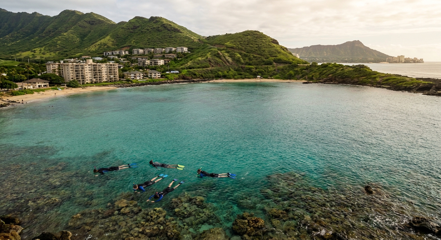 Snorkelers swimming above a coral reef inside a circular volcanic bay bordered by green cliffs
