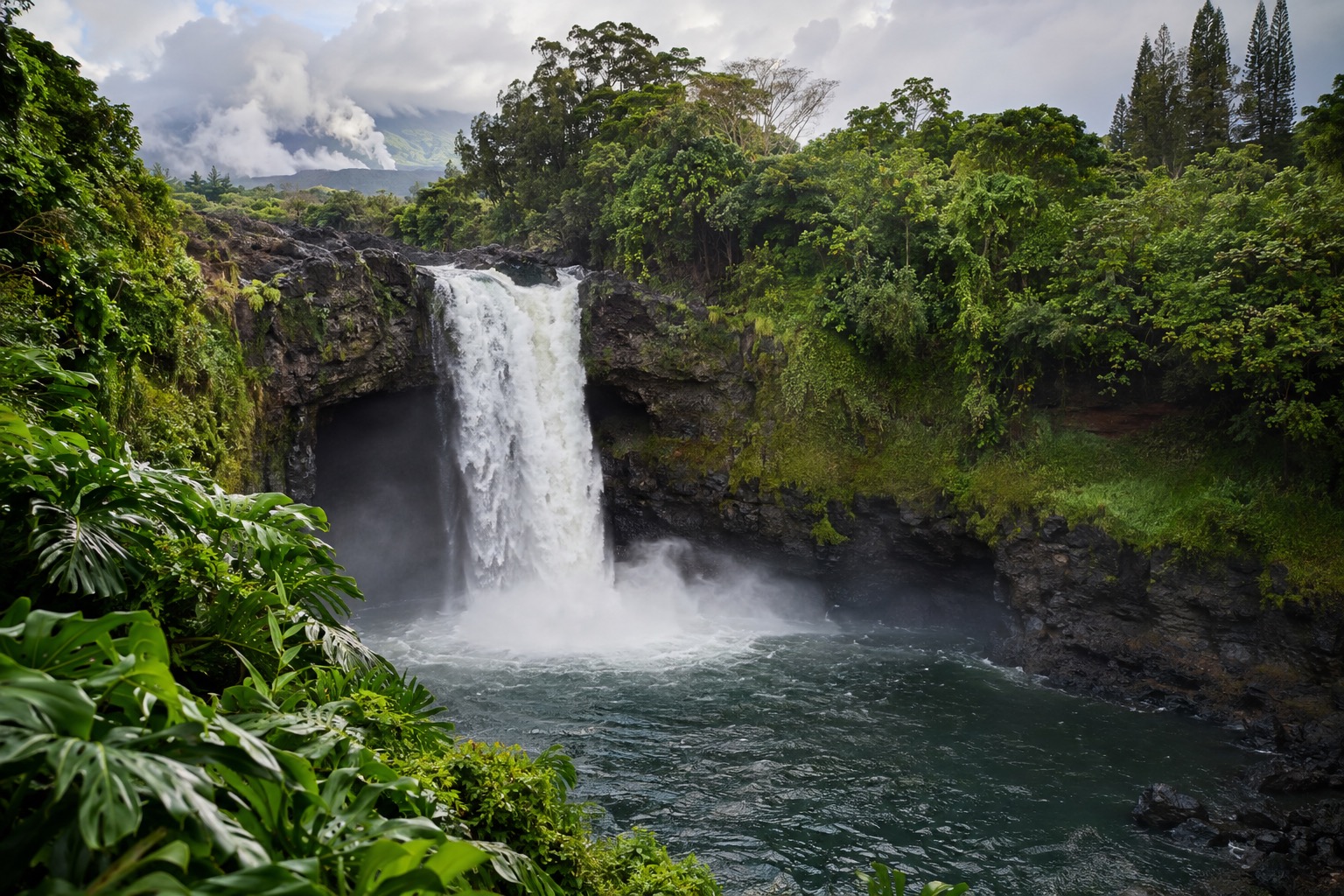 Rainbow Falls dropping into a pool at the edge of a green gorge in Hilo, Hawaii