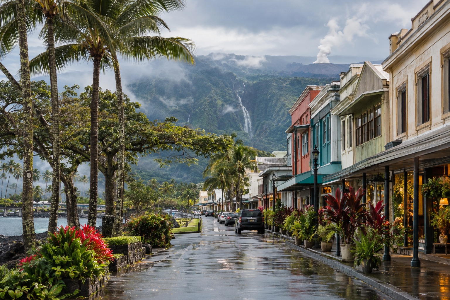 Historic storefronts along a downtown Hilo street with mountains in the background