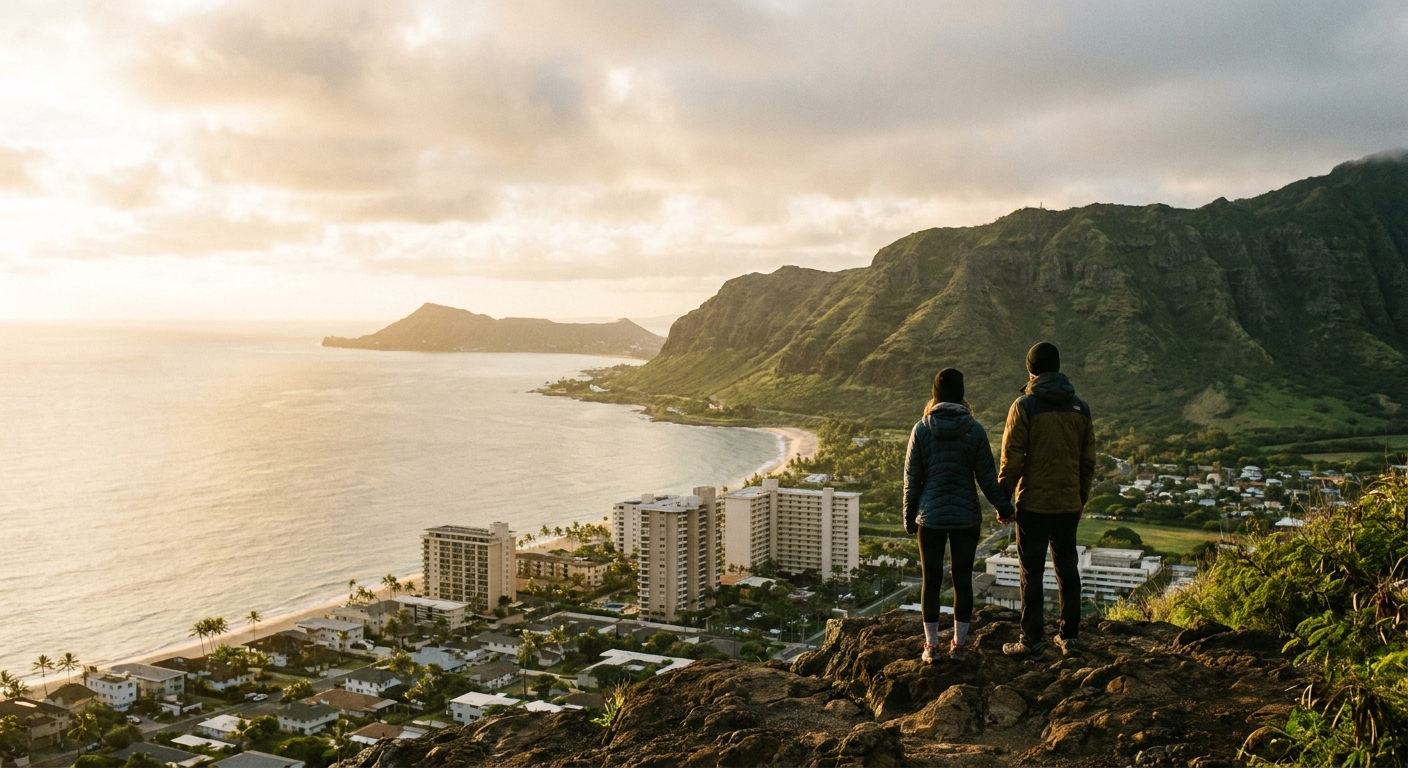 A couple holding hands at sunrise on the rim of a volcanic crater