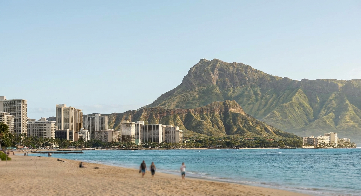 Highrise hotels along Waikiki Beach with Diamond Head crater in the background