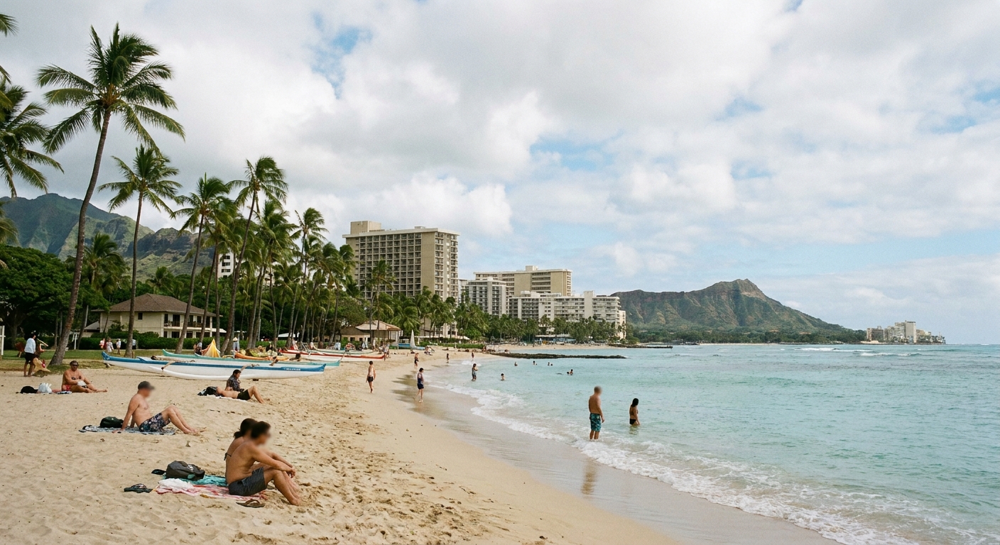 A palm-lined Hawaiian beach under a partly cloudy summer sky