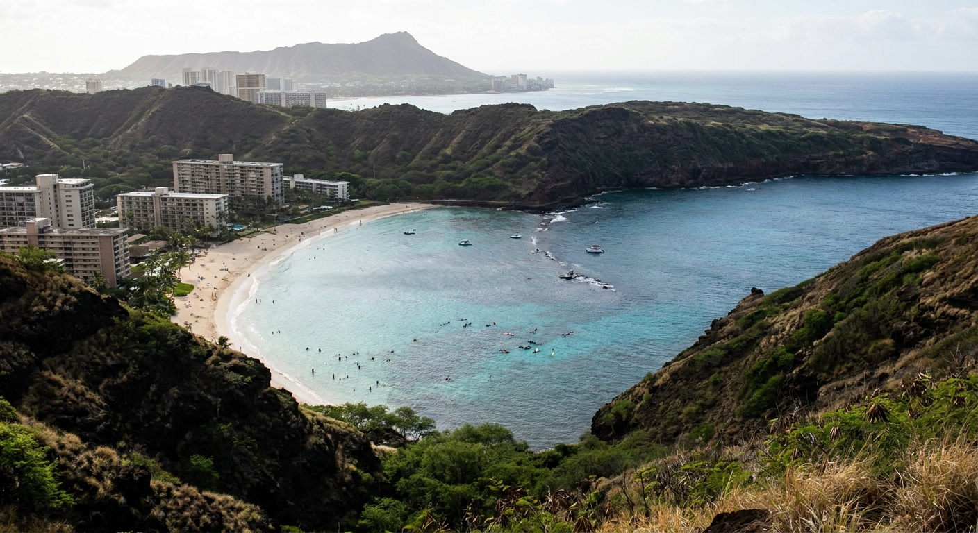 A curved white-sand bay inside a volcanic crater wall, with snorkelers near the shoreline