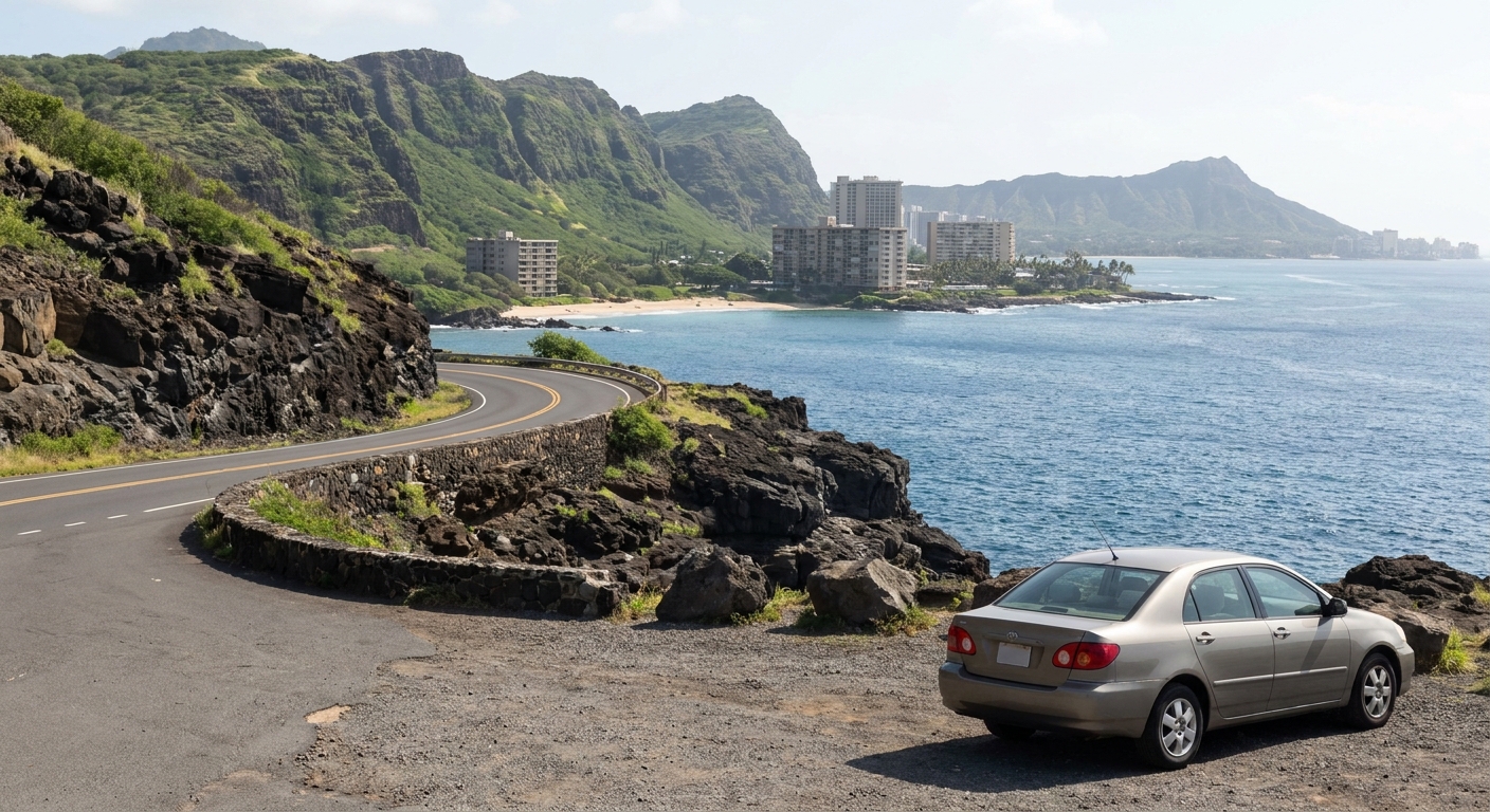 A two-lane coastal highway curving along volcanic cliffs above the ocean, with a rental car in the foreground