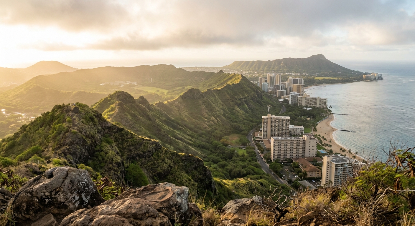 Sunrise light over volcanic ridgelines seen from a high-altitude overlook in Maui