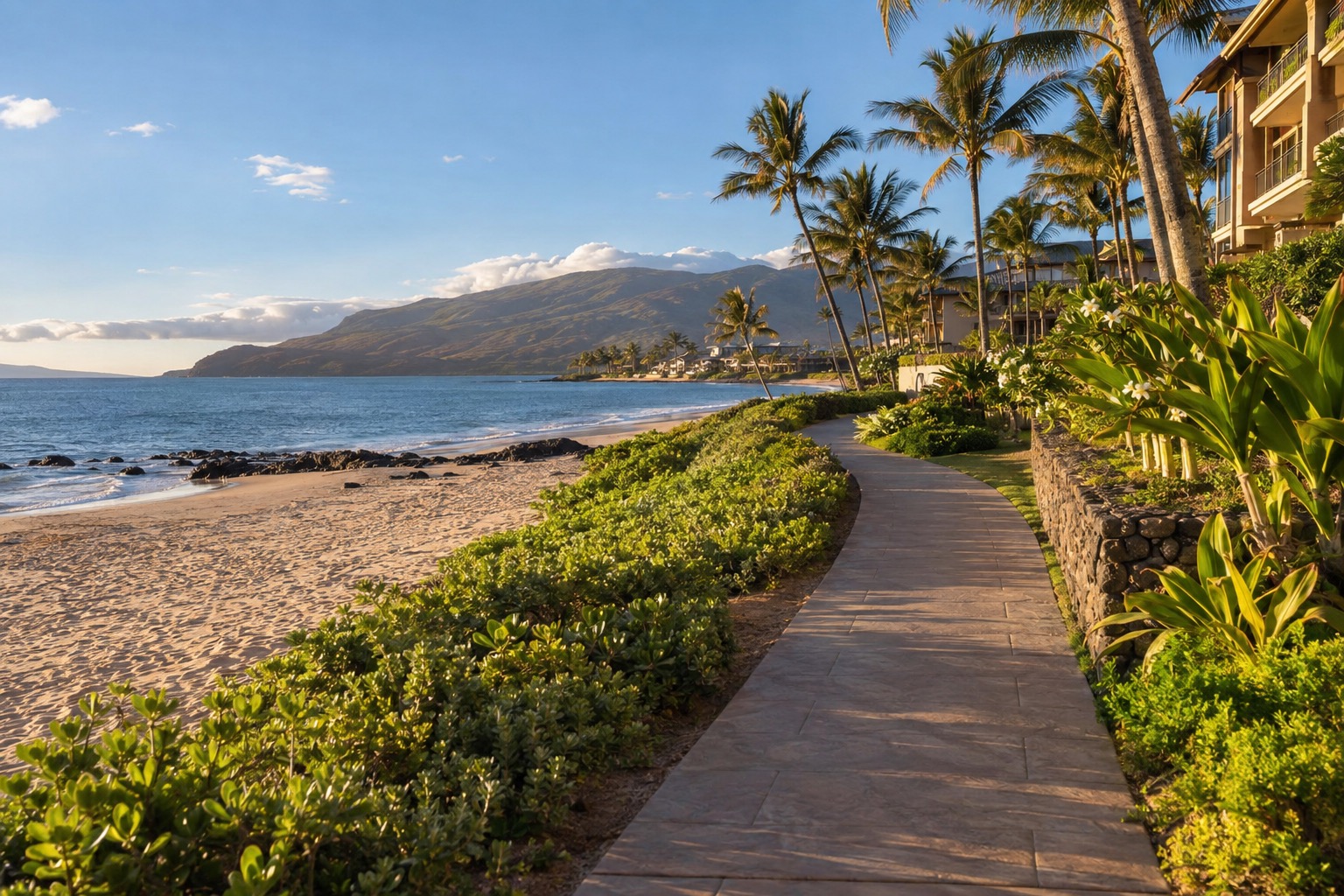 A paved beachwalk running behind hotels along a wide white sand beach