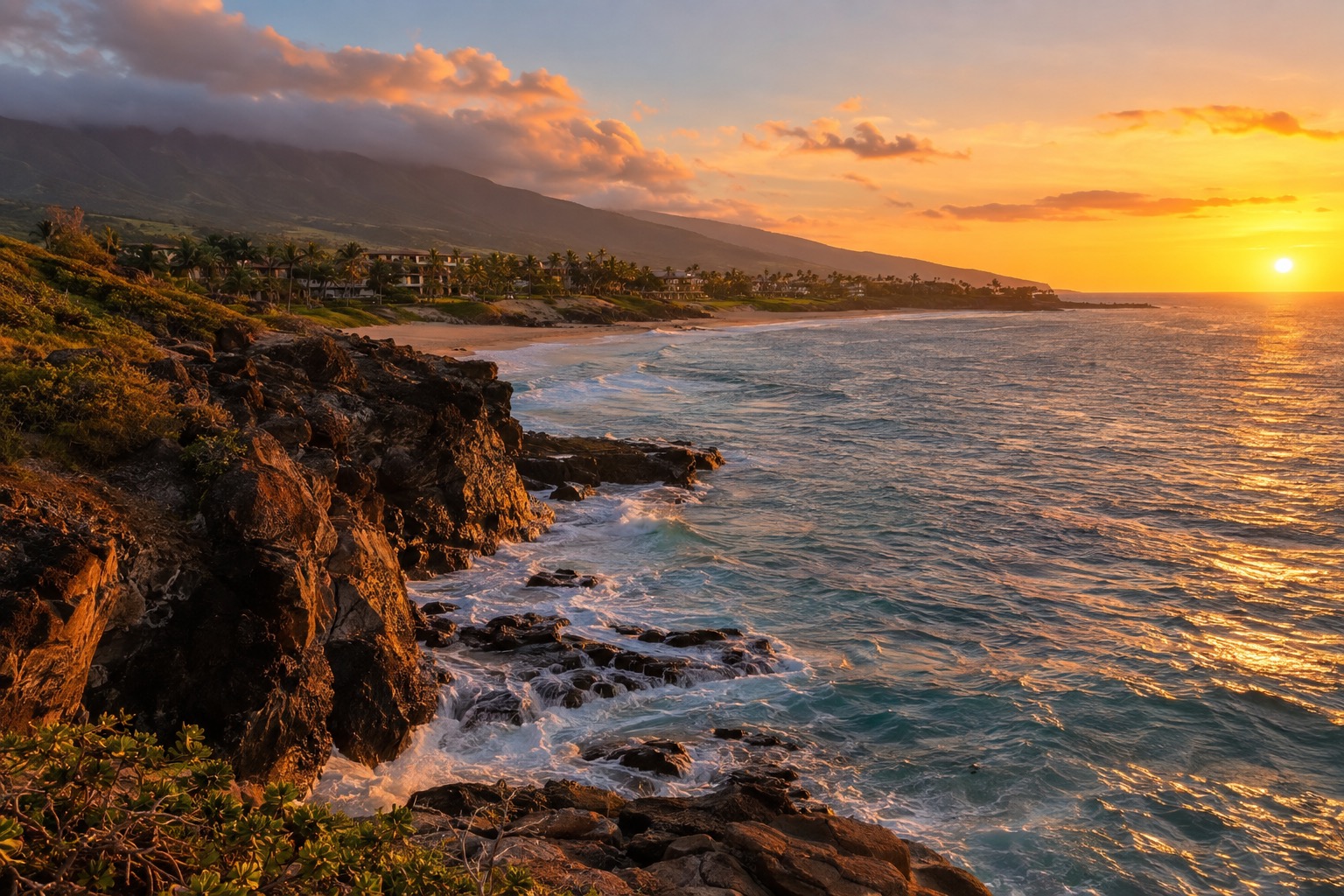 A torch-lit cliff at sunset above the ocean at the north end of a beach