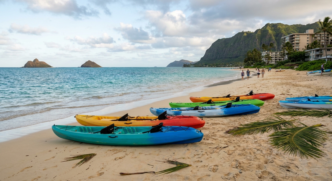 Kayaks lined up on the sand at Kailua Beach with two small islets visible offshore