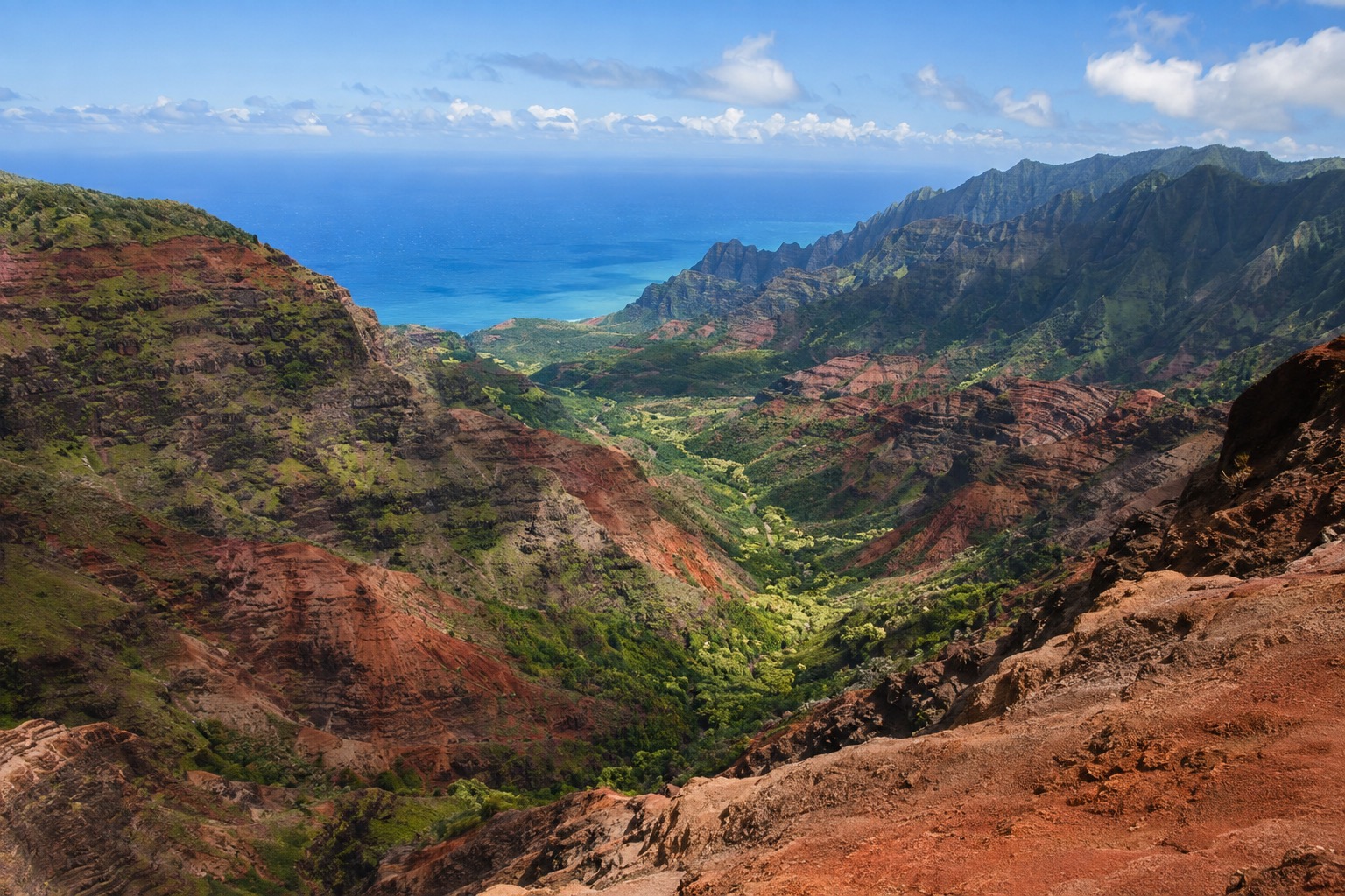 Waimea Canyon's red rock walls and layered cliffs under midday sun