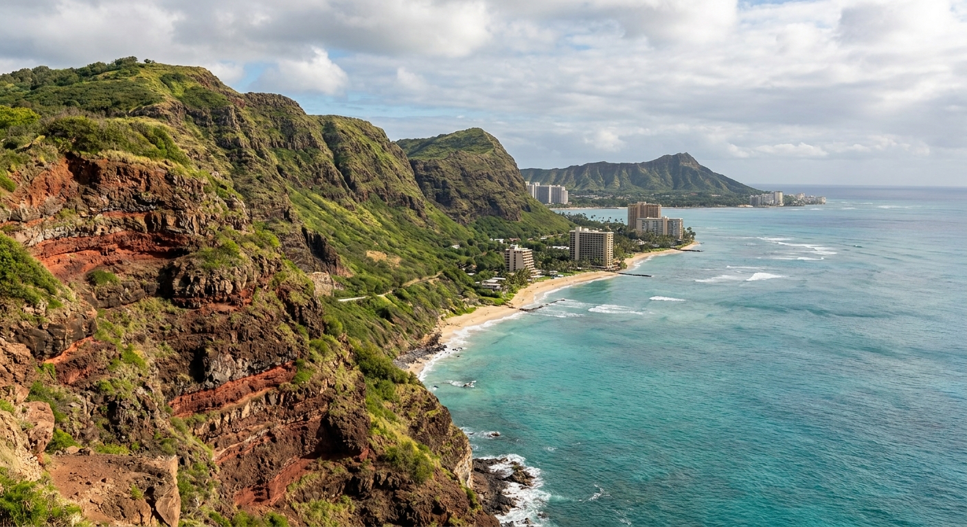 A deep canyon of red and green ridgelines cutting across Kauai's western interior