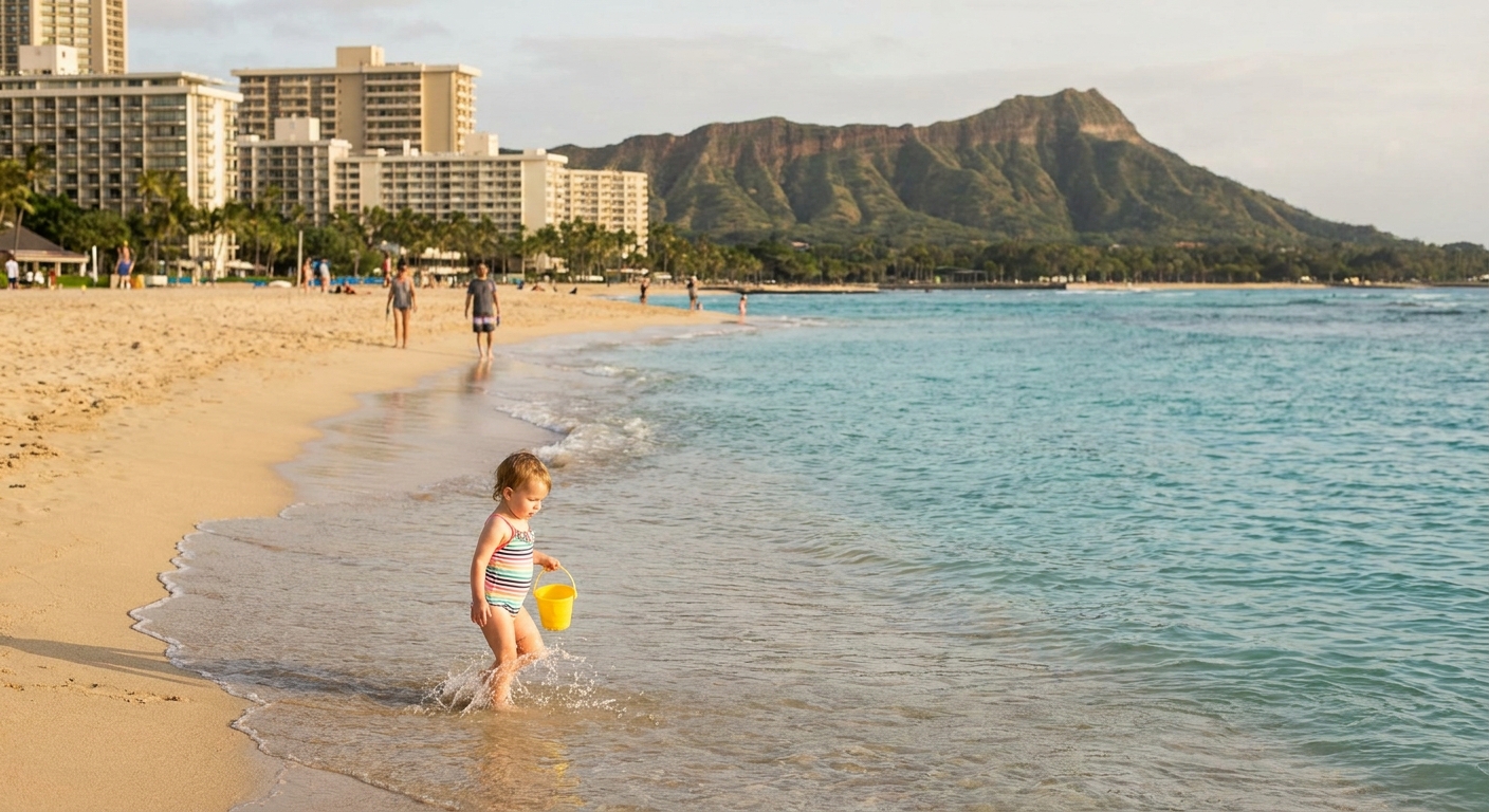 A young child in a swimsuit playing in shallow turquoise water near a sandy Hawaii beach