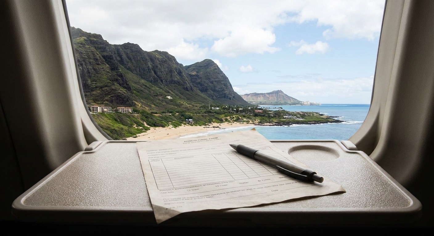 A paper agricultural declaration form and a pen on a fold-down airplane tray table