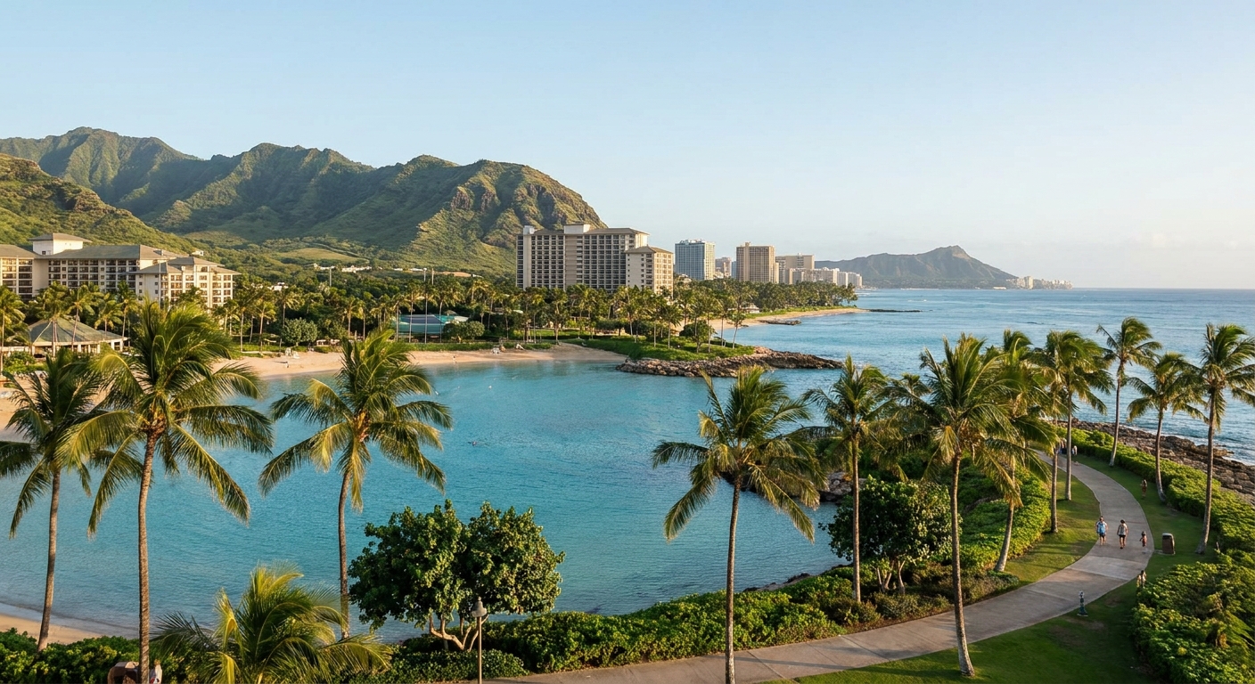 Turquoise lagoon water lined by palm trees and a paved walking path at Ko Olina