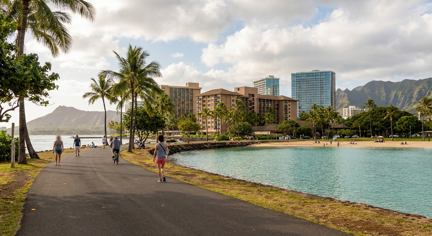 Paved walking path curving along Ko Olina's lagoon shoreline with resort towers behind