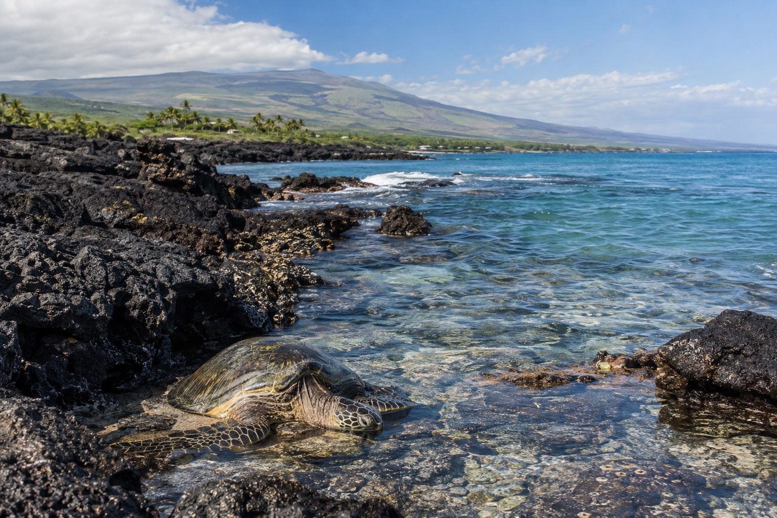 Green sea turtle resting near a lava rock shoreline in Hawaii