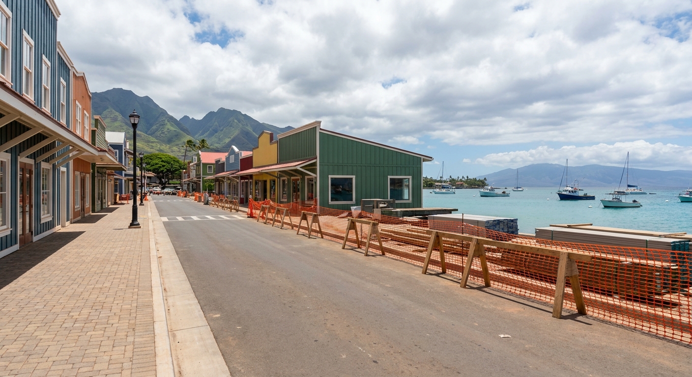 A reopened street lined with rebuilt storefronts near the Maui waterfront, with construction barriers visible along one side