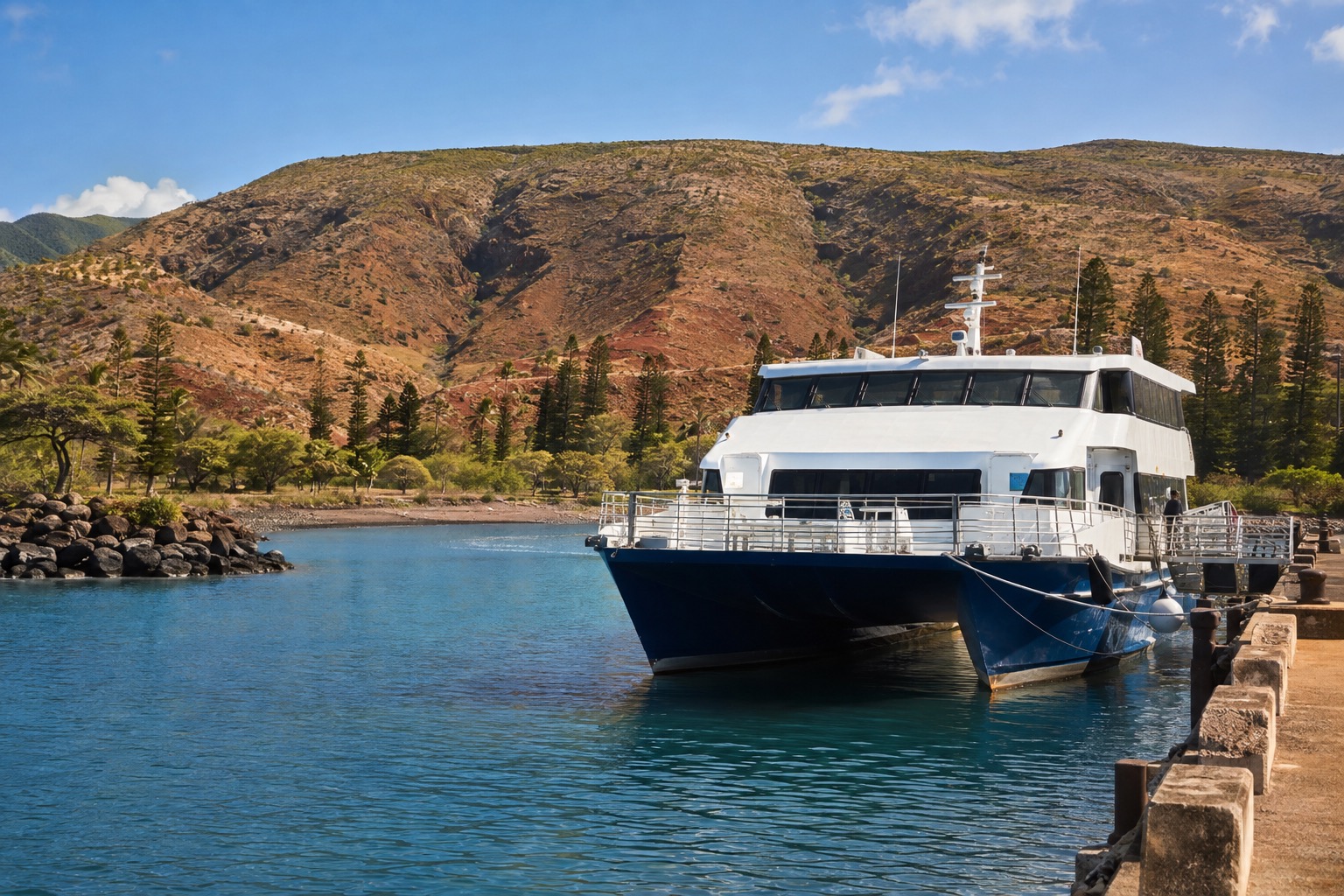 A small passenger ferry docked at a harbor with dry hills rising behind it on Lanai