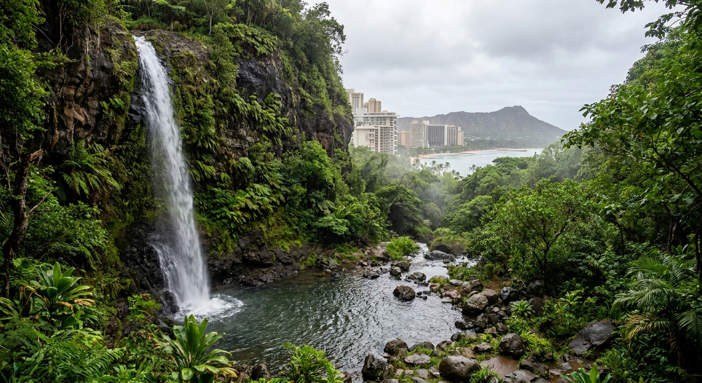 A narrow waterfall dropping down a mossy rock face into a shallow pool in a rainforest valley