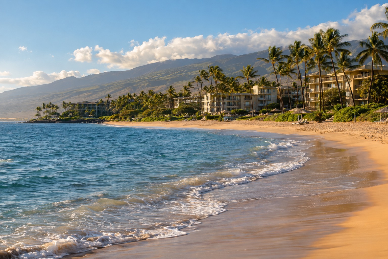 A curved stretch of sand backed by resort hotels along Kaanapali Beach in West Maui