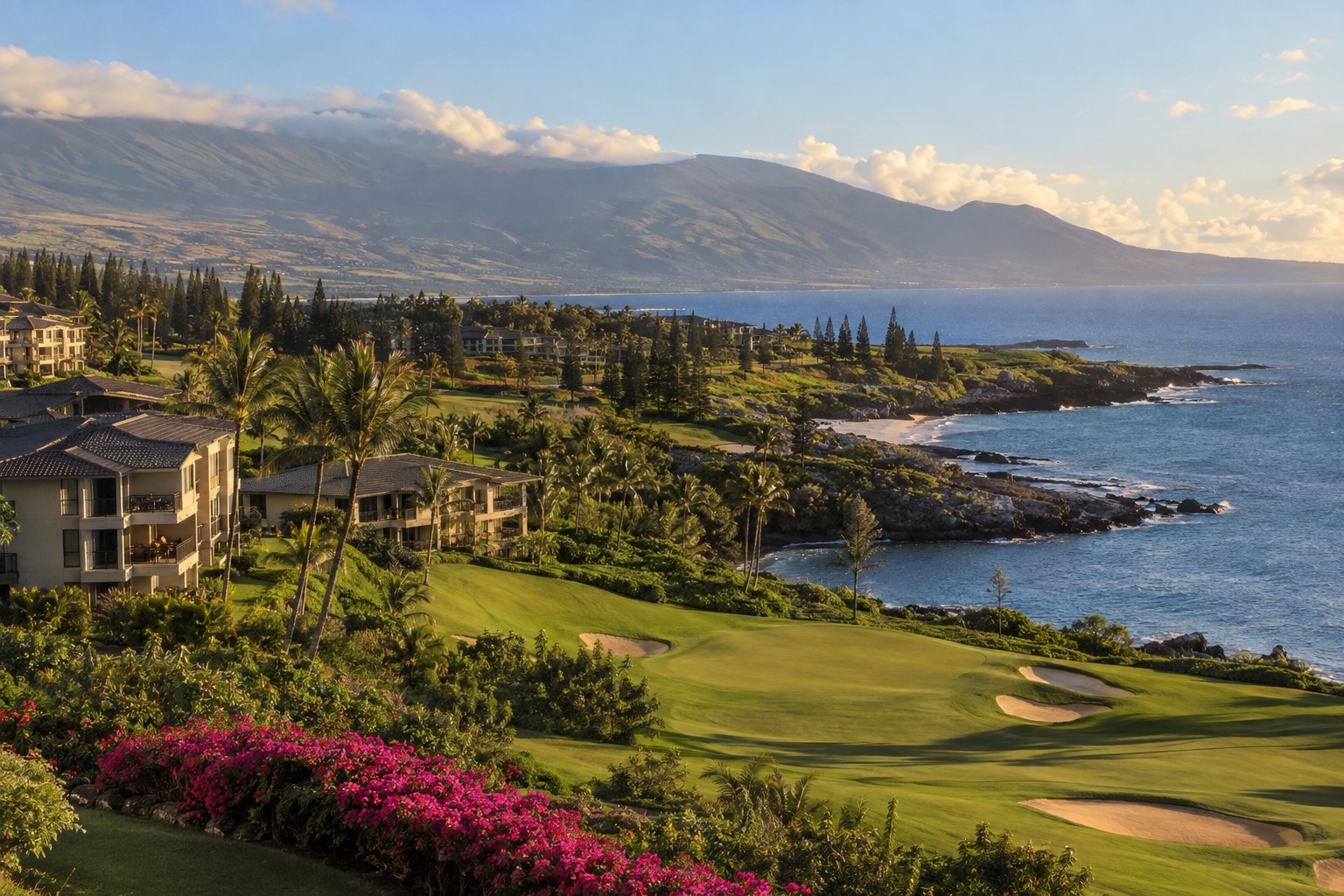 Low-rise condominium buildings above a golf course near Kapalua on Maui's northwest tip