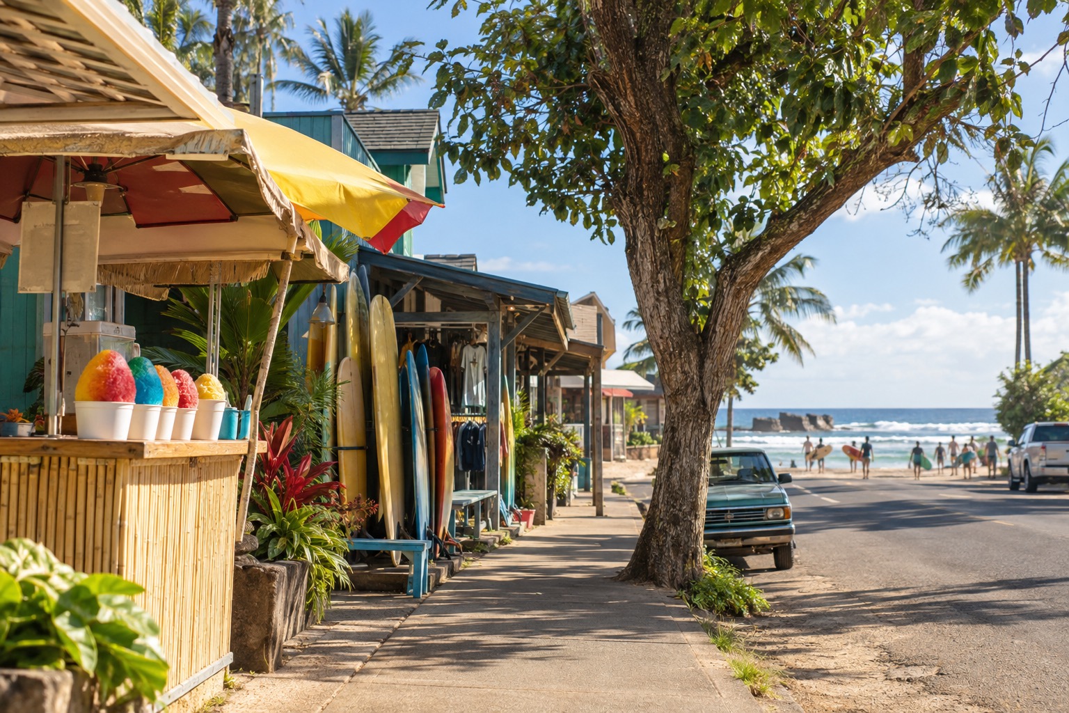 Shave ice stand and surf shops along the main street of Haleiwa town