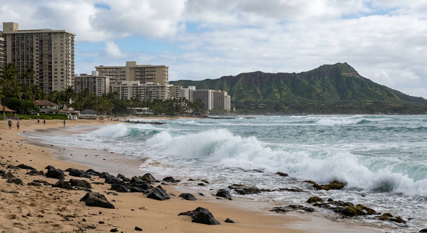 Waves breaking along a North Shore beach with green cliffs in the background