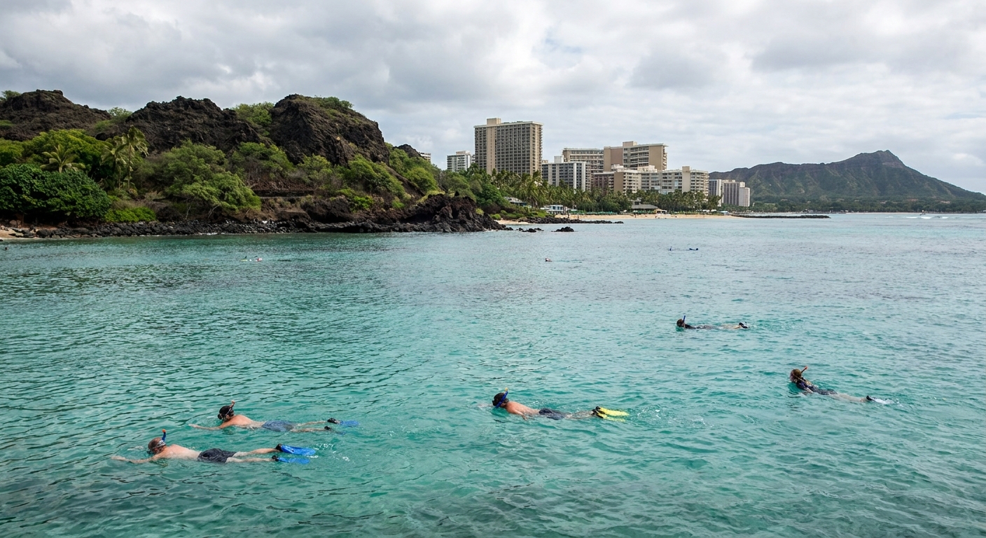 Snorkelers in the clear water of a volcanic crater bay
