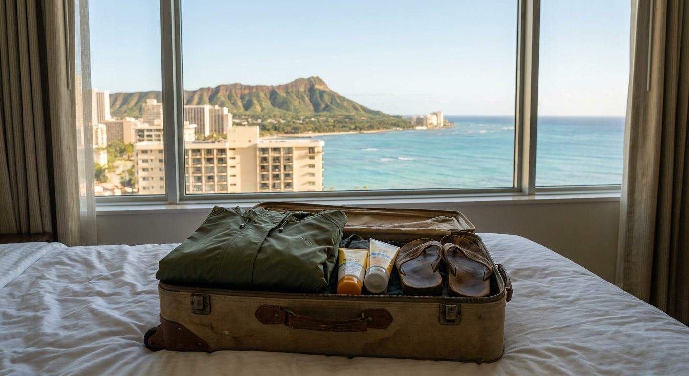 An open suitcase on a hotel bed holding a rain jacket, sunscreen bottles and sandals