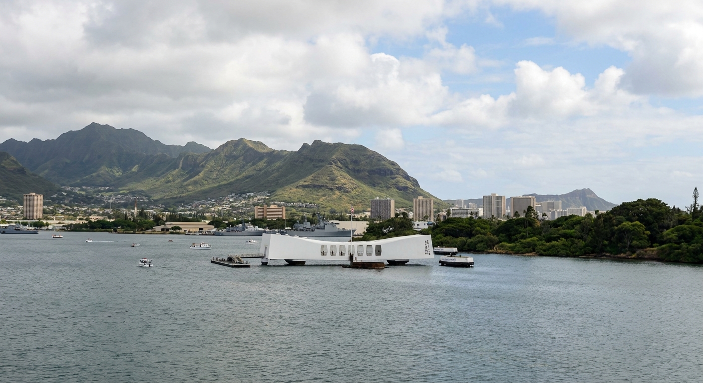 The white USS Arizona Memorial structure floating above the water in Pearl Harbor