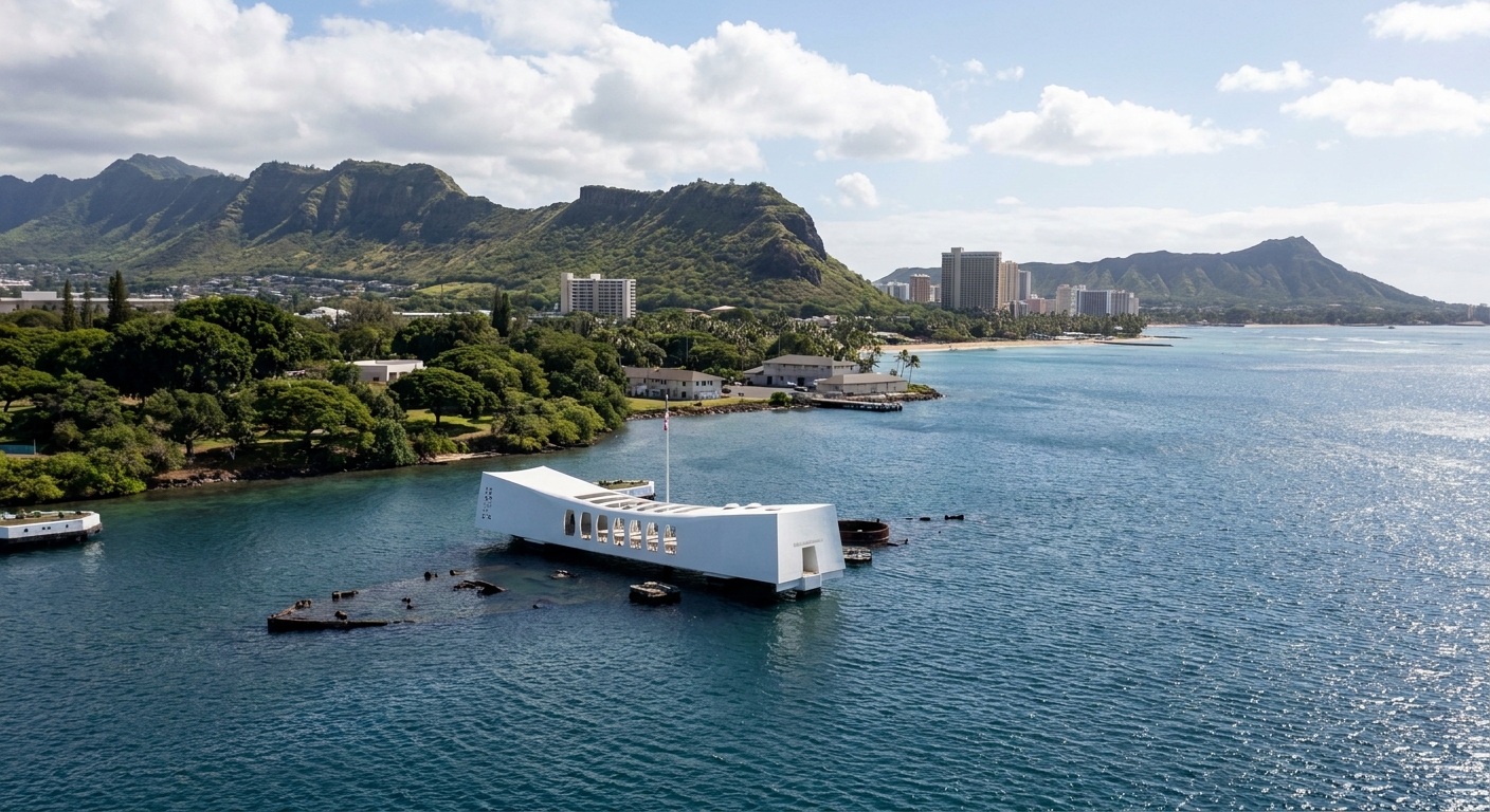 The white USS Arizona Memorial floating over the sunken battleship in Pearl Harbor, with Ford Island in the background